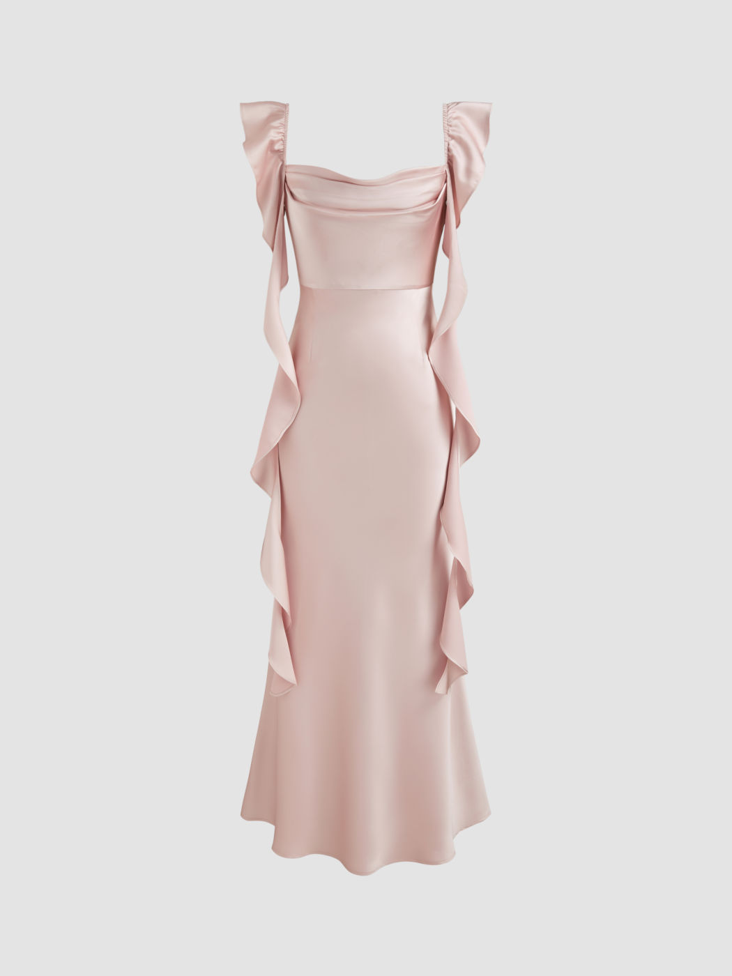 Satin Maxikleid mit Rundhalsausschnitt und Rüschensaum