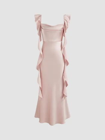 Satin-Cowl-Hals-Einfarbig-Raffelrand-Maxikleid