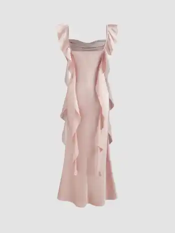 Satin-Cowl-Hals-Einfarbig-Raffelrand-Maxikleid