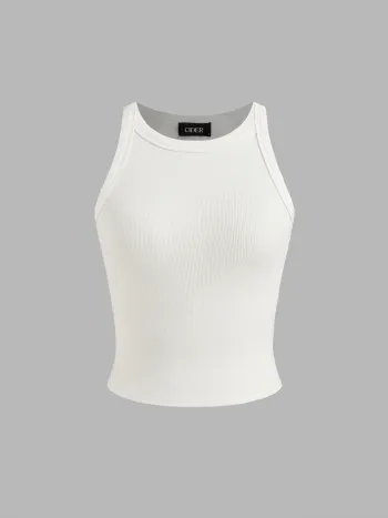 Cotton-blend Round Neckline Solid Tank Top