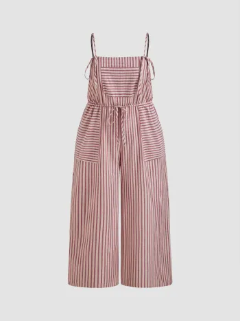 100% Cotton Square Neck Striped Knotted Pocket Jumpsuit Curve & Plus