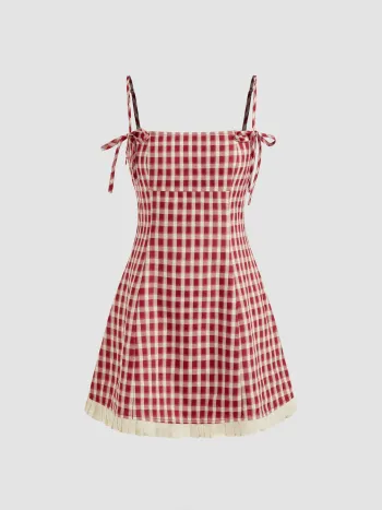 Square Neck Gingham Knotted Mini Dress