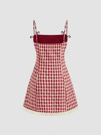 Square Neck Gingham Knotted Mini Dress