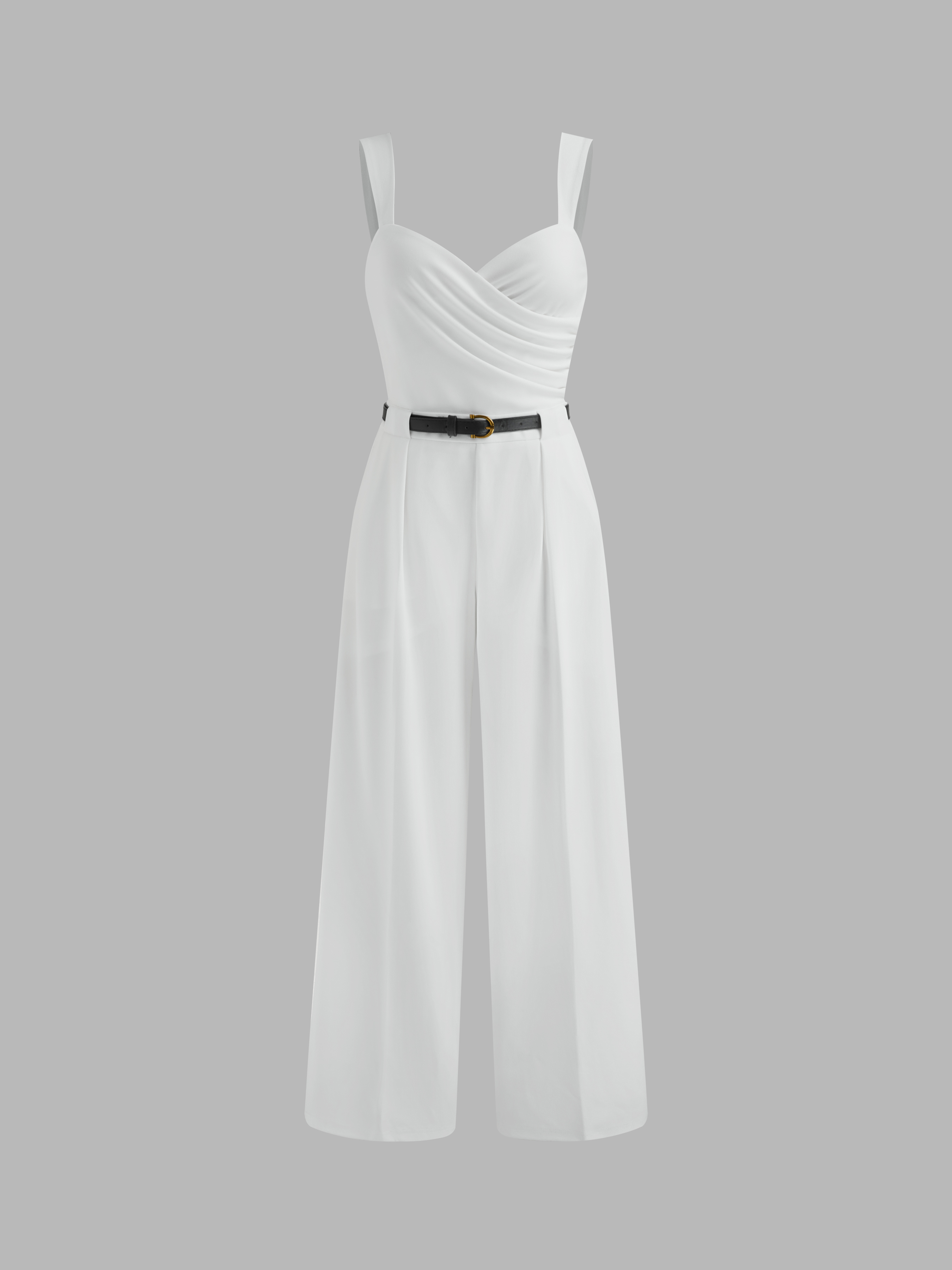 Knit Fabric V-neck Solid Ruched Wrap Jumpsuit With Belt For Work