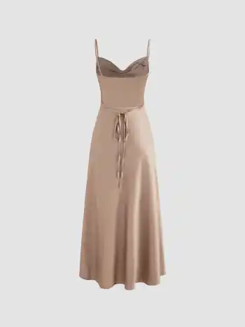 Satin Cowl Neck Solid Asymmetrical Neck Midi Dress