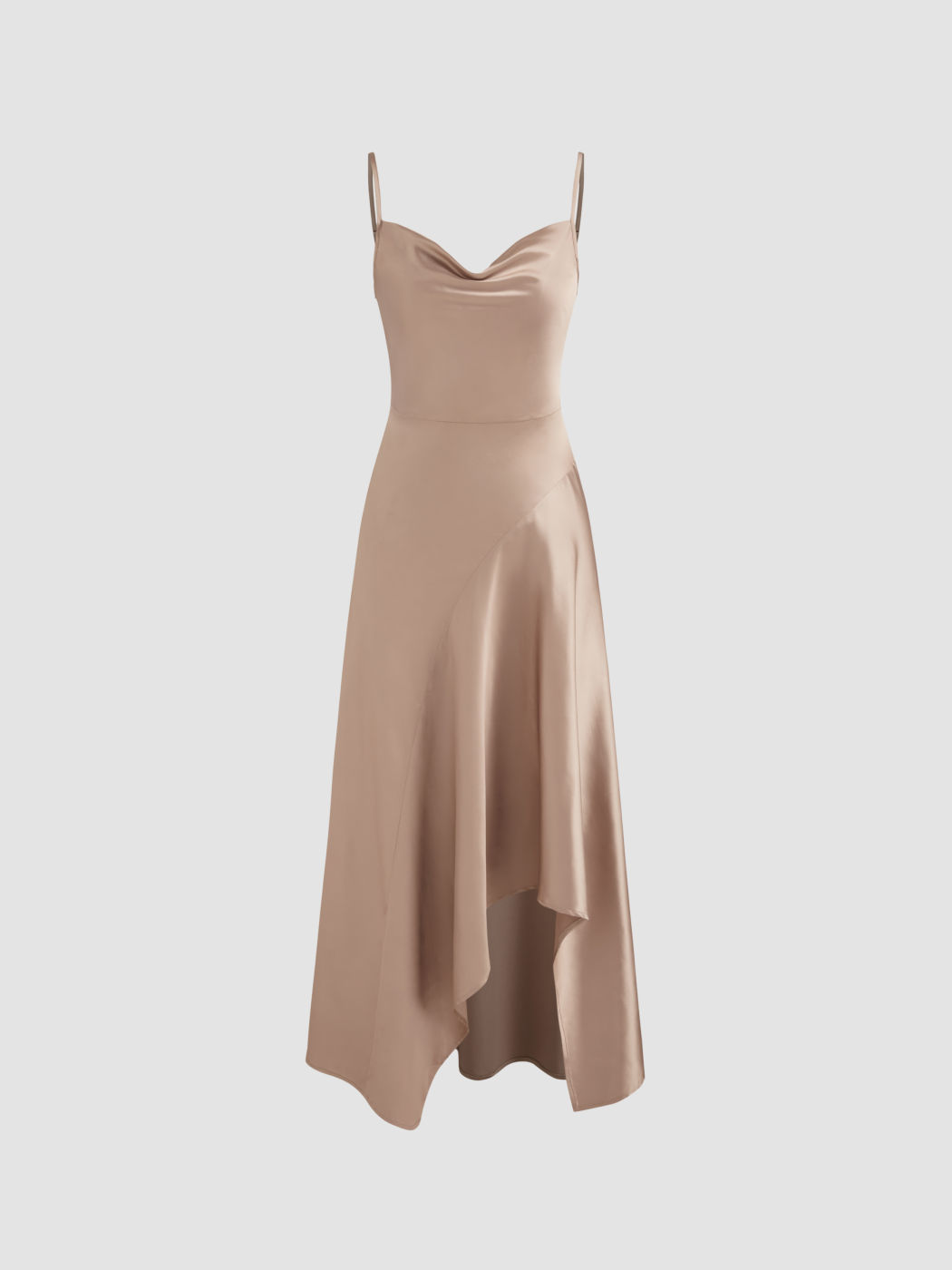 Satin Cowl Neck Solid Asymmetrical Neck Midi Dress