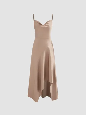 Satin Cowl Neck Solid Asymmetrical Neck Midi Dress