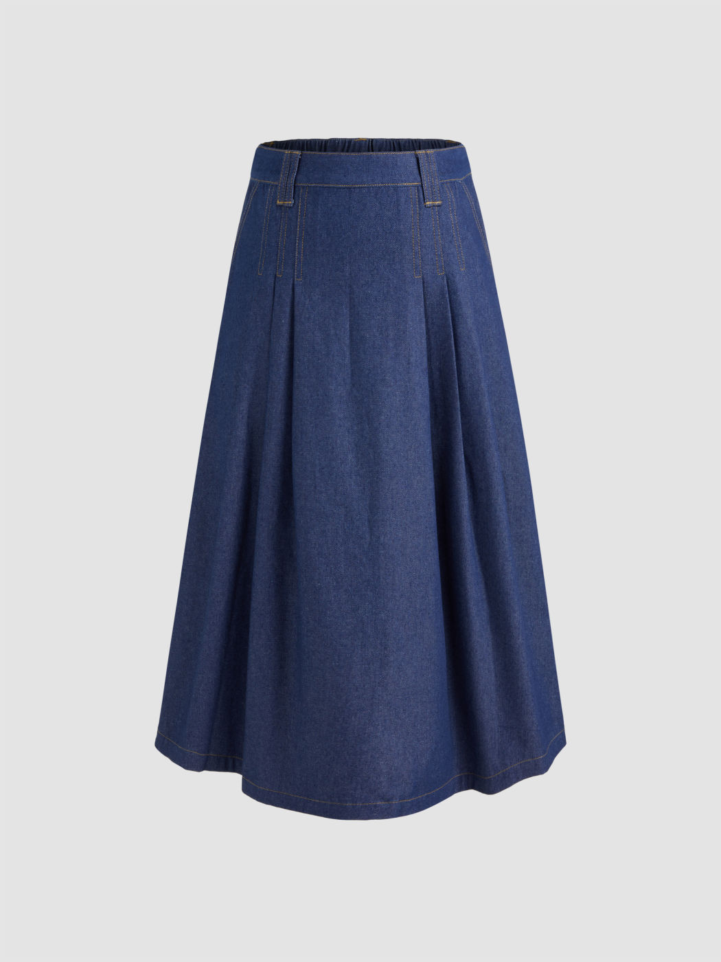Denim Mid Rise Solid Pleated Pocket Maxi Skirt
