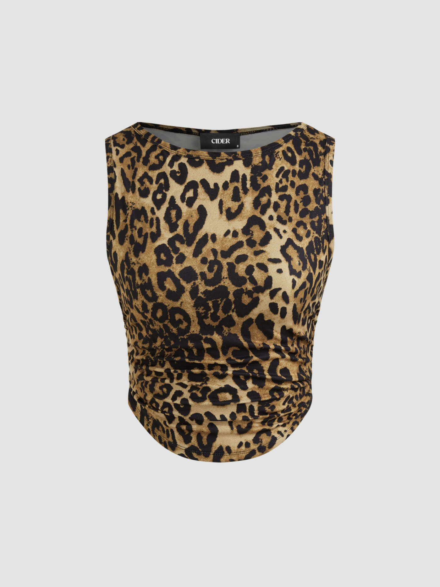 Boat Neck Leopard Ruched Tank Top
