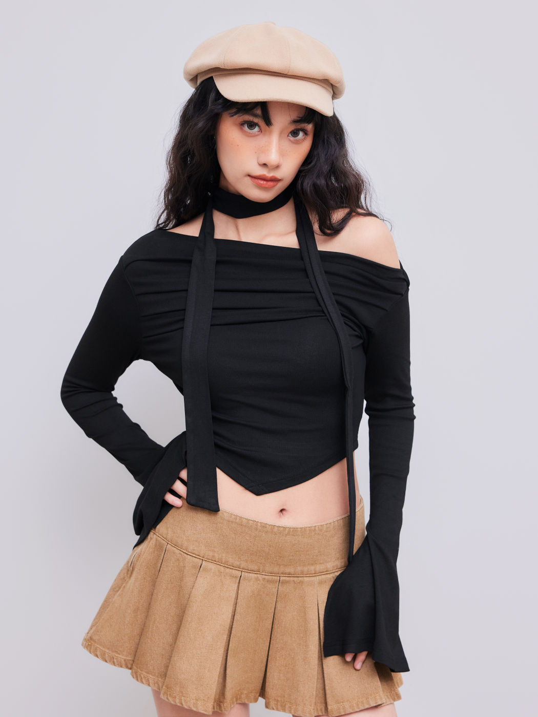 Off-shoulder Ruched Bell Sleeve Top