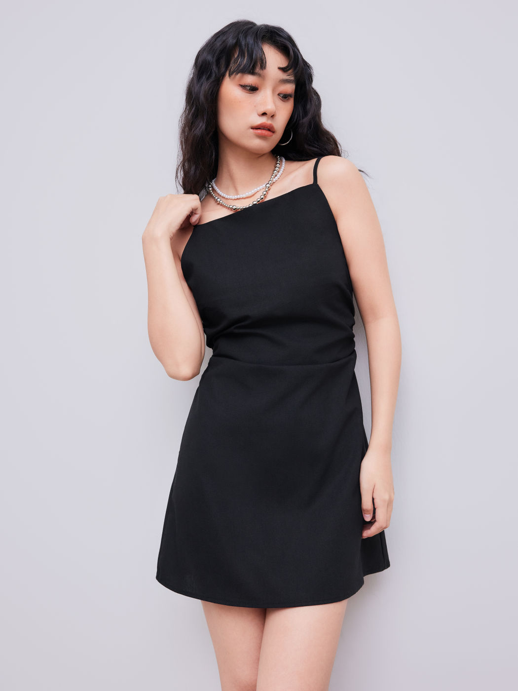 Linen-blend Solid Ruched Mini Dress