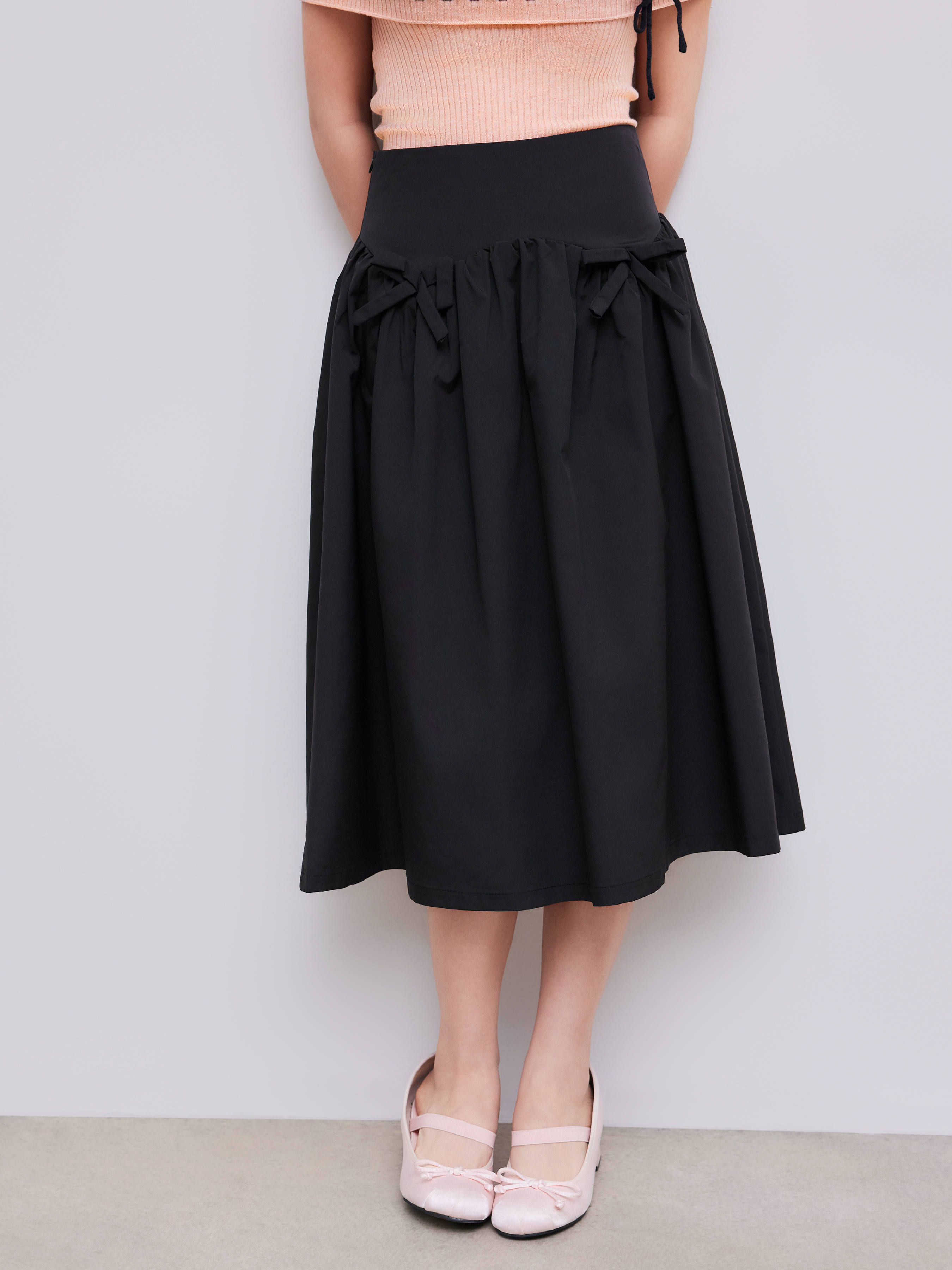 Mid Rise Bowknot Ruffle Solid Maxi Skirt