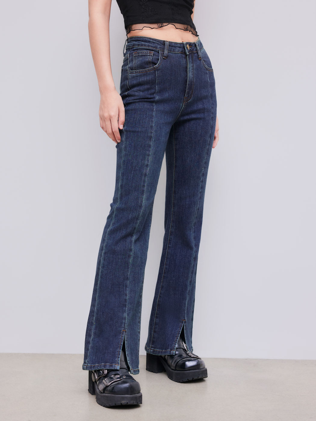 High Stretch Denim High Waist Solid Flared Jeans