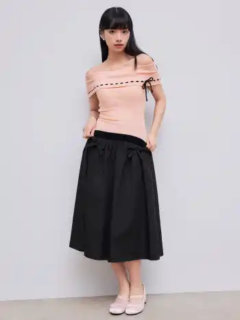 Mid Rise Bowknot Ruffle Solid Midi Skirt
