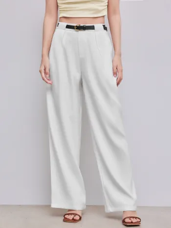 Mid Rise Solid Pocket Straight Leg Trousers With Belt