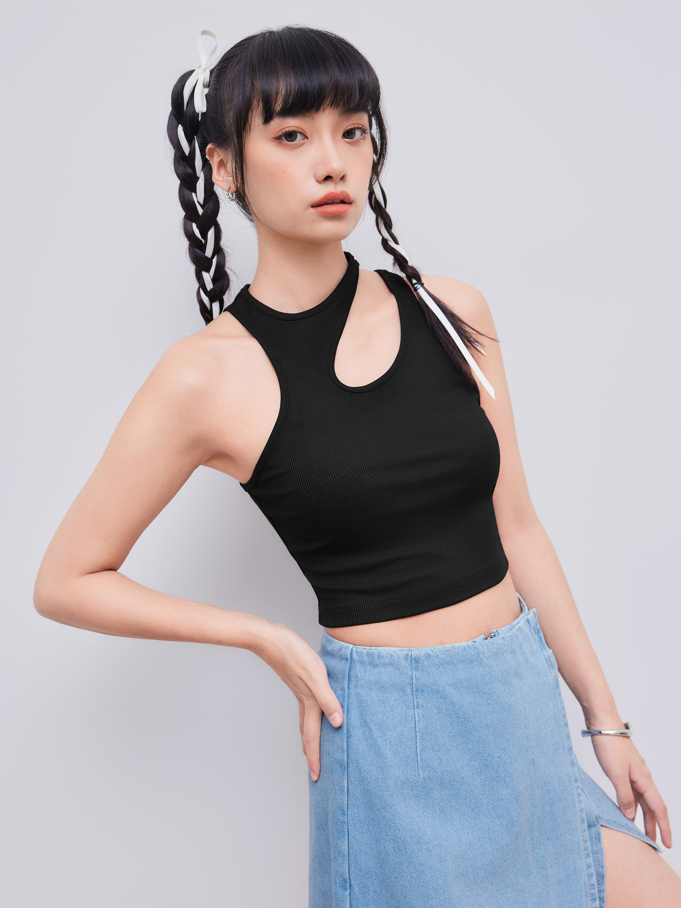 Sleeveless Tops Summer Tops Cute Tops Knit Fabric Solid Asymmetrical Sleeveless Crop Top For Daily Casual