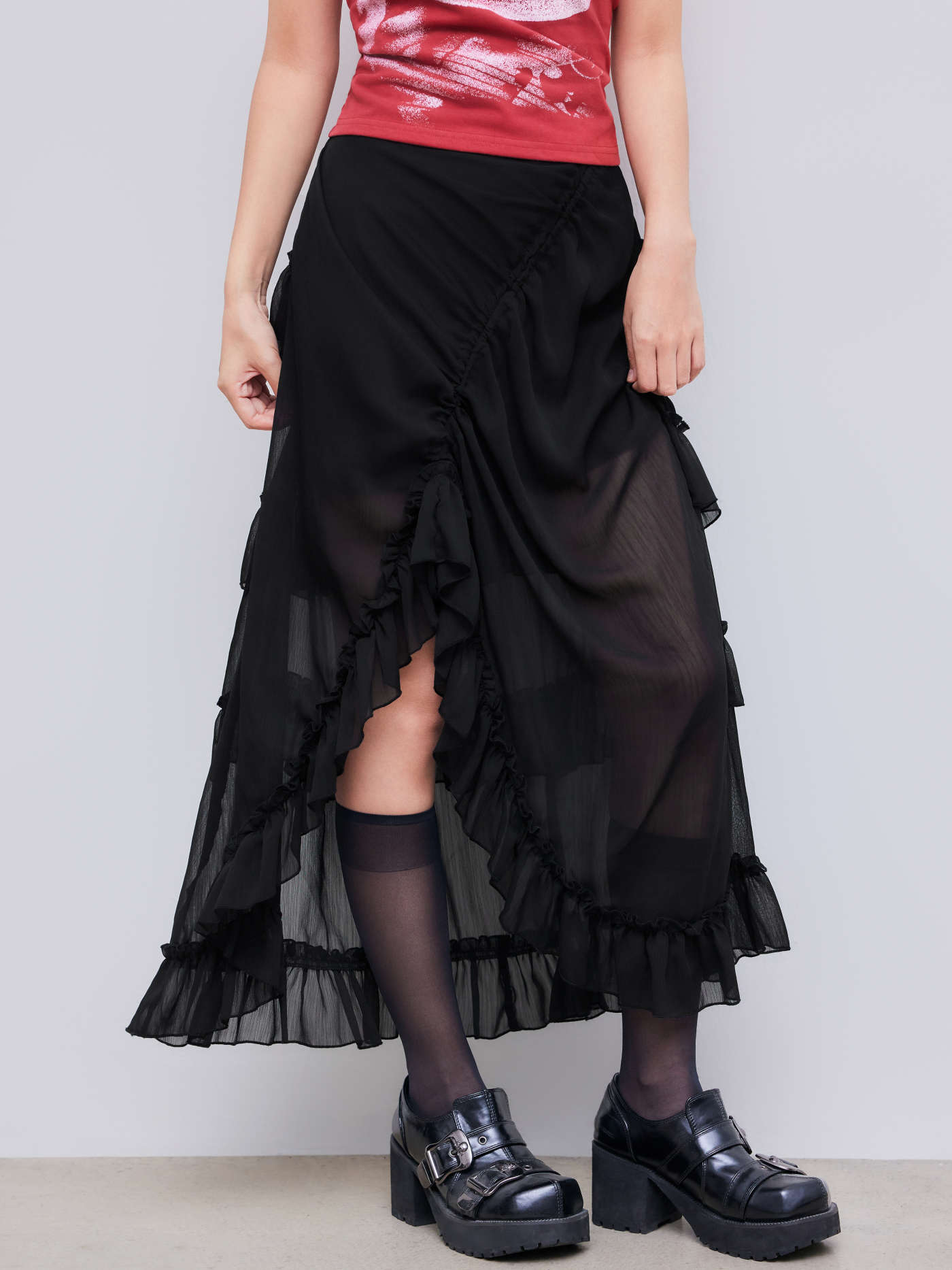 Ruffle Sheer High Waist Maxi Skirt
