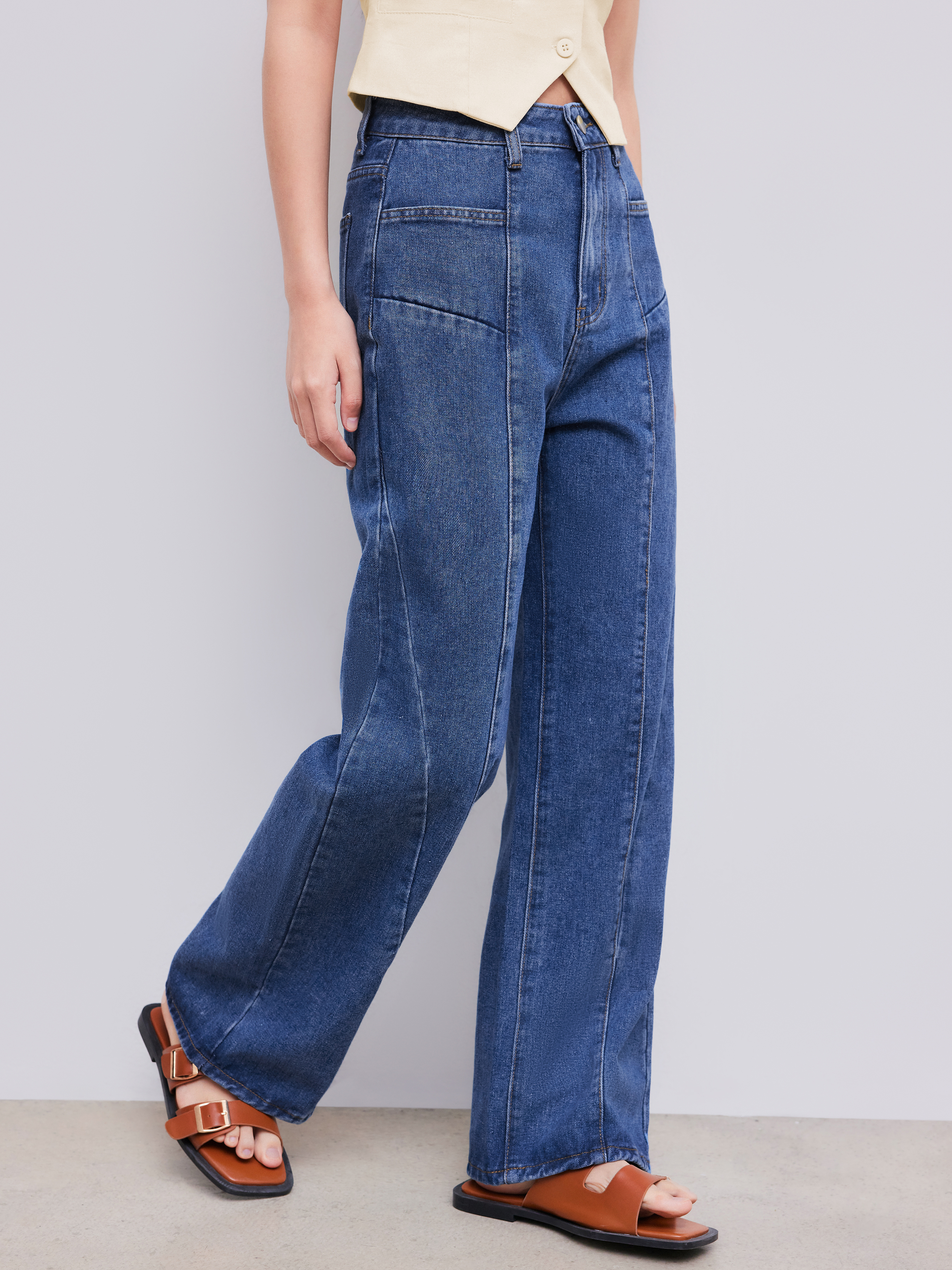 Straight Leg Jeans Denim Mid Waist Pocket Baggy Jeans For