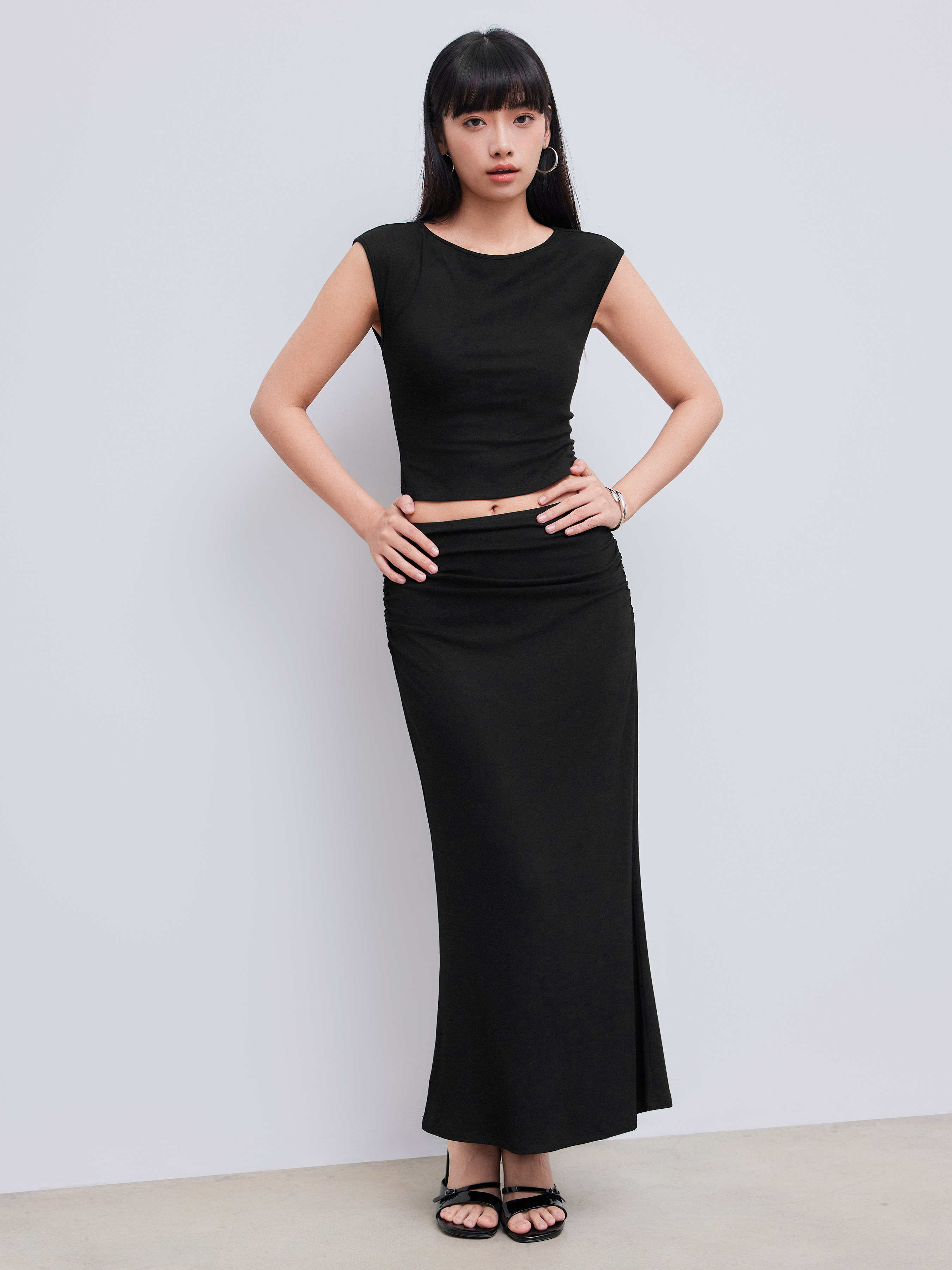 Knit Fabric Knotted Ruched Crop Tank Top & Maxi Skirt Set