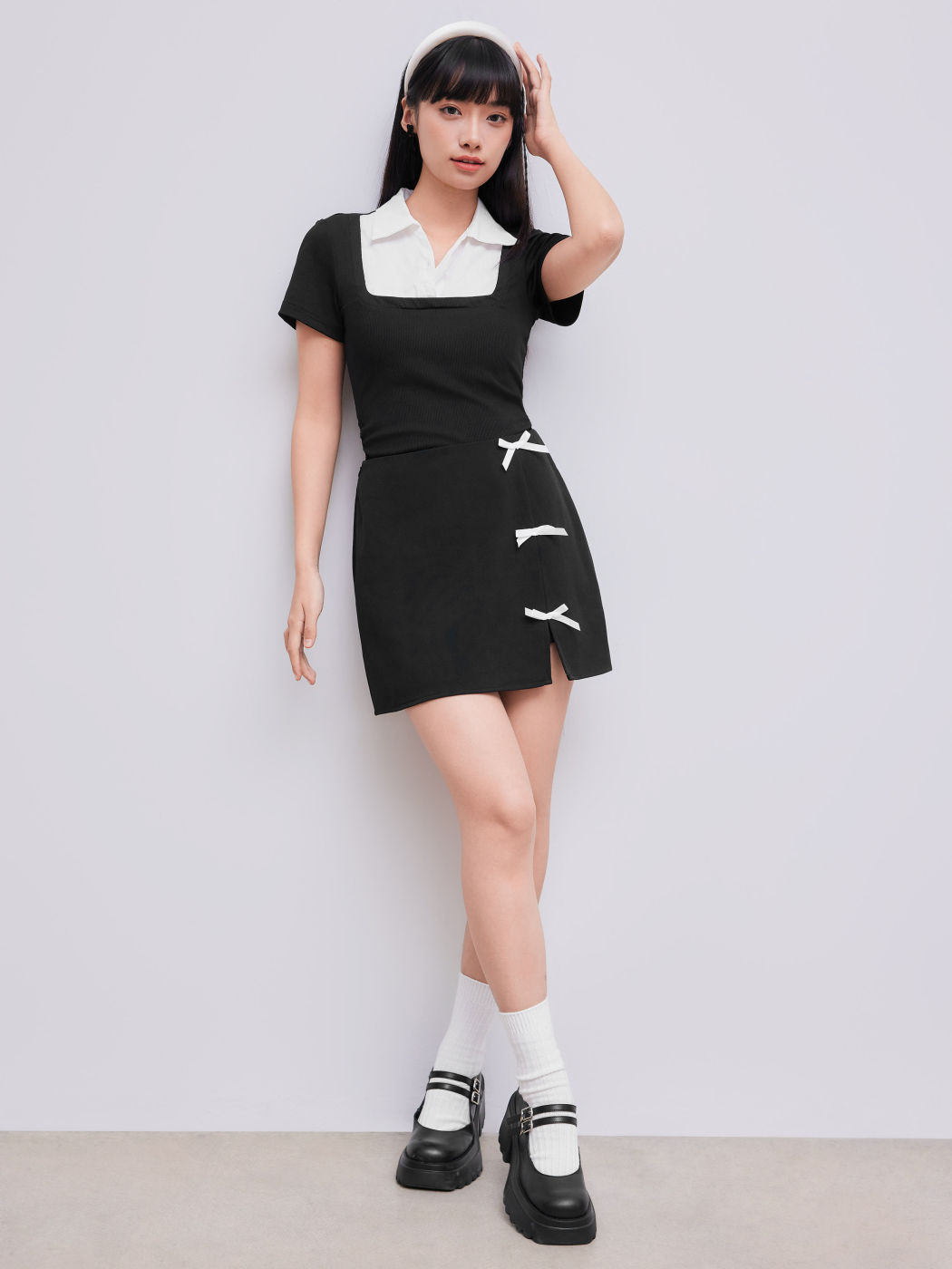 Mid Rise Solid Bowknot Skort