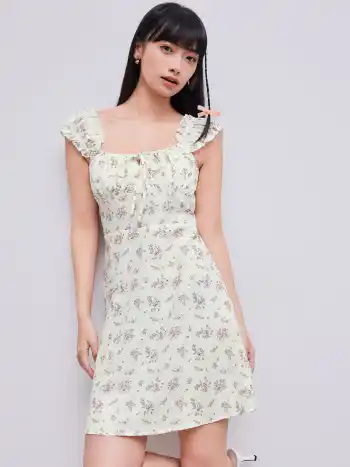 Geblümtes Minikleid mit quadratischem Ausschnitt und Ruchedung