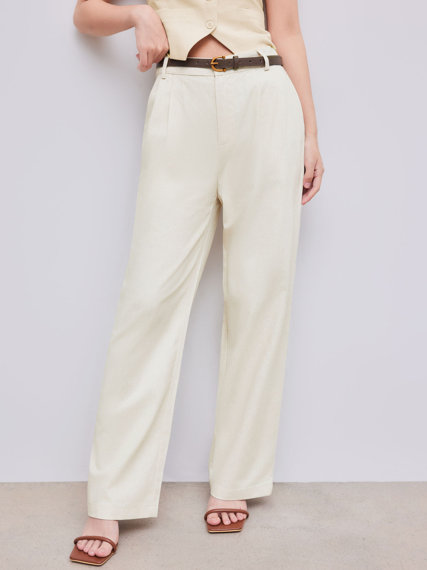 Pantaloni a gamba larga in misto lino con cintura