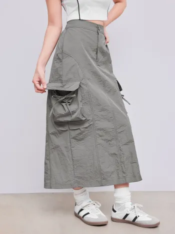  Midikleid mit fester Farbe, Knoten und Schlitz im Cargo-Stil