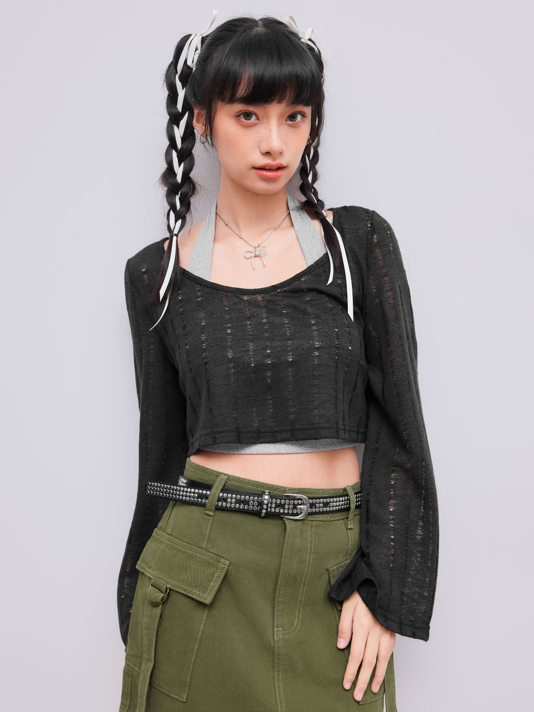  Distressed Bell Sleeve Crop Top & Halter Top