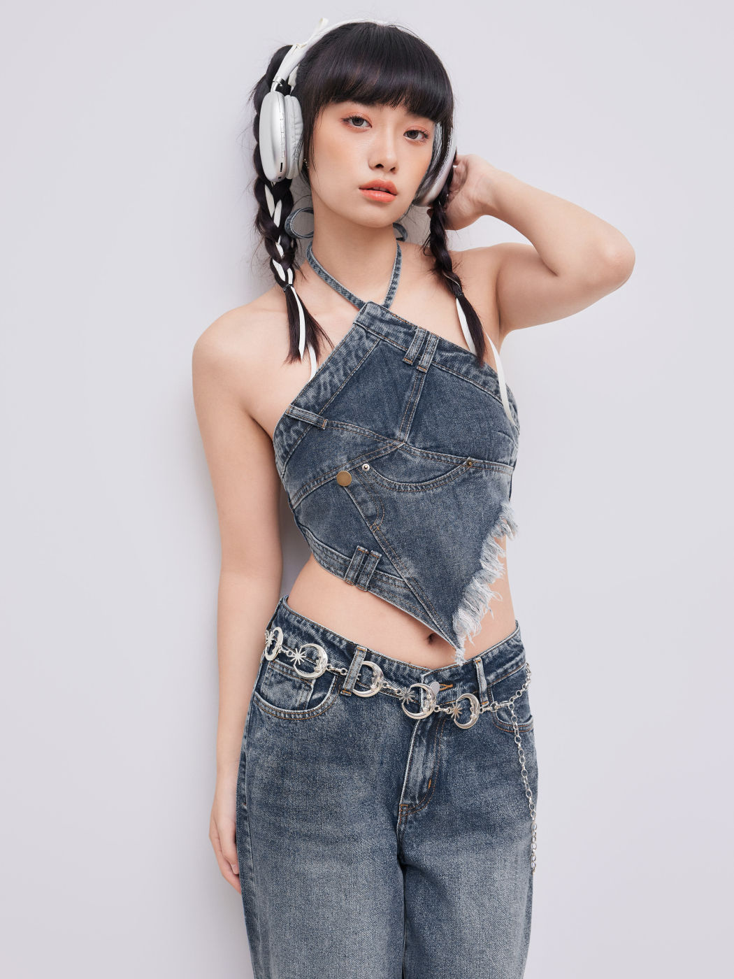 Denim Fringe Zipper Up Halter Crop Top