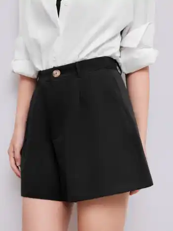 Mid Rise Solid Button Pocket Shorts