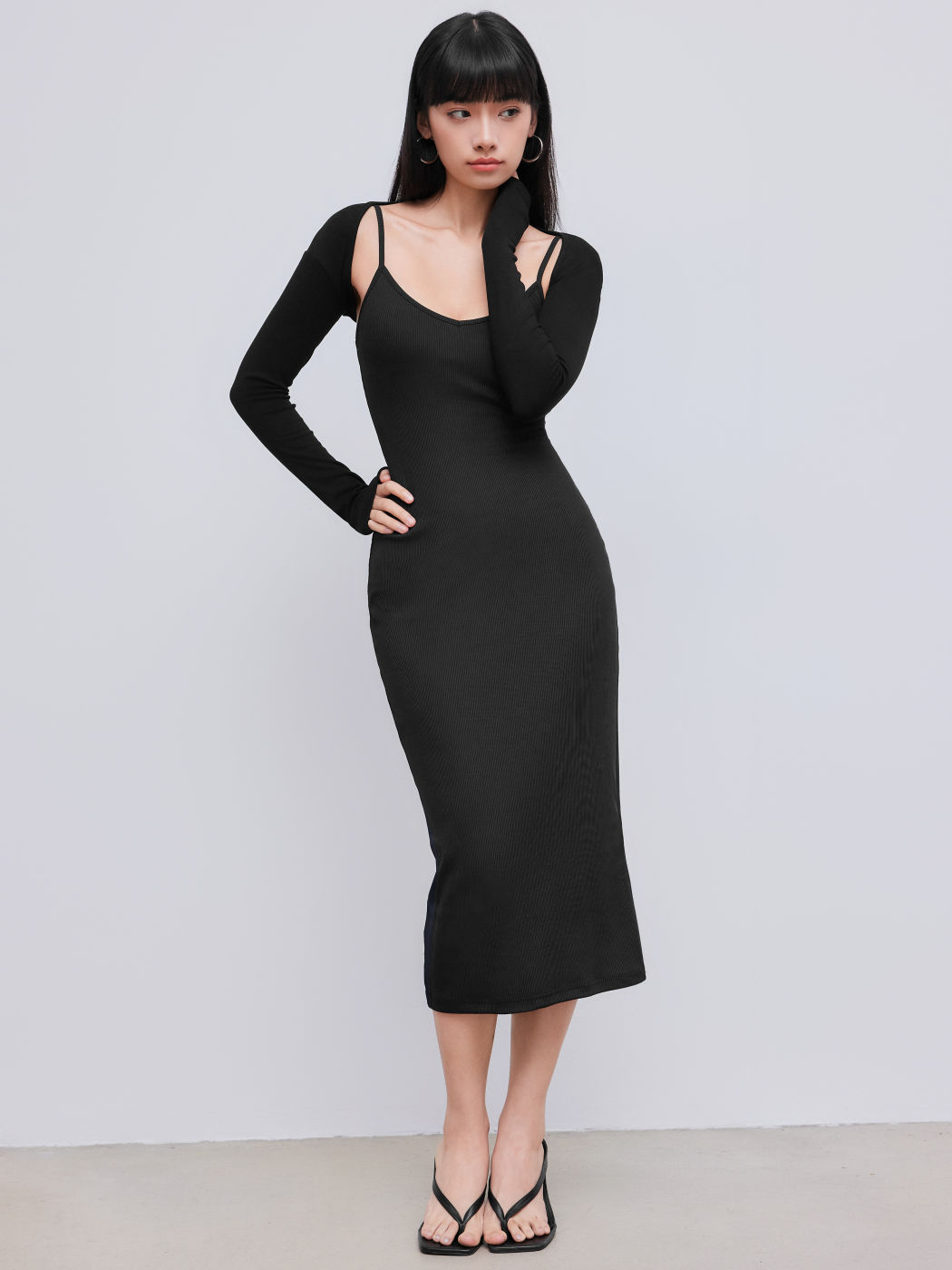 Einfarbiges V-Ausschnitt Midi-Kleid