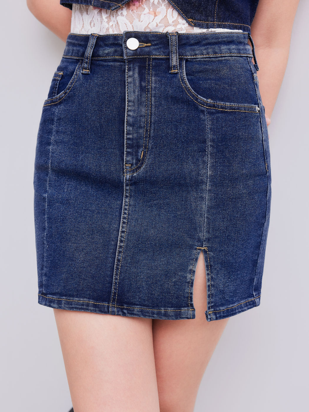 Denim Solid High Waist Split Mini Skirt