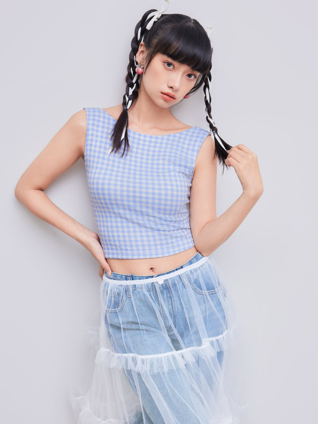 Bootsausschnitt Gingham Schleife Rückenfreies Crop Top