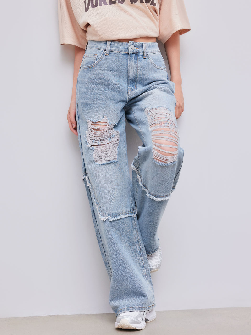 Denim Mid Rise Solid Ripped Wide Leg Jeans