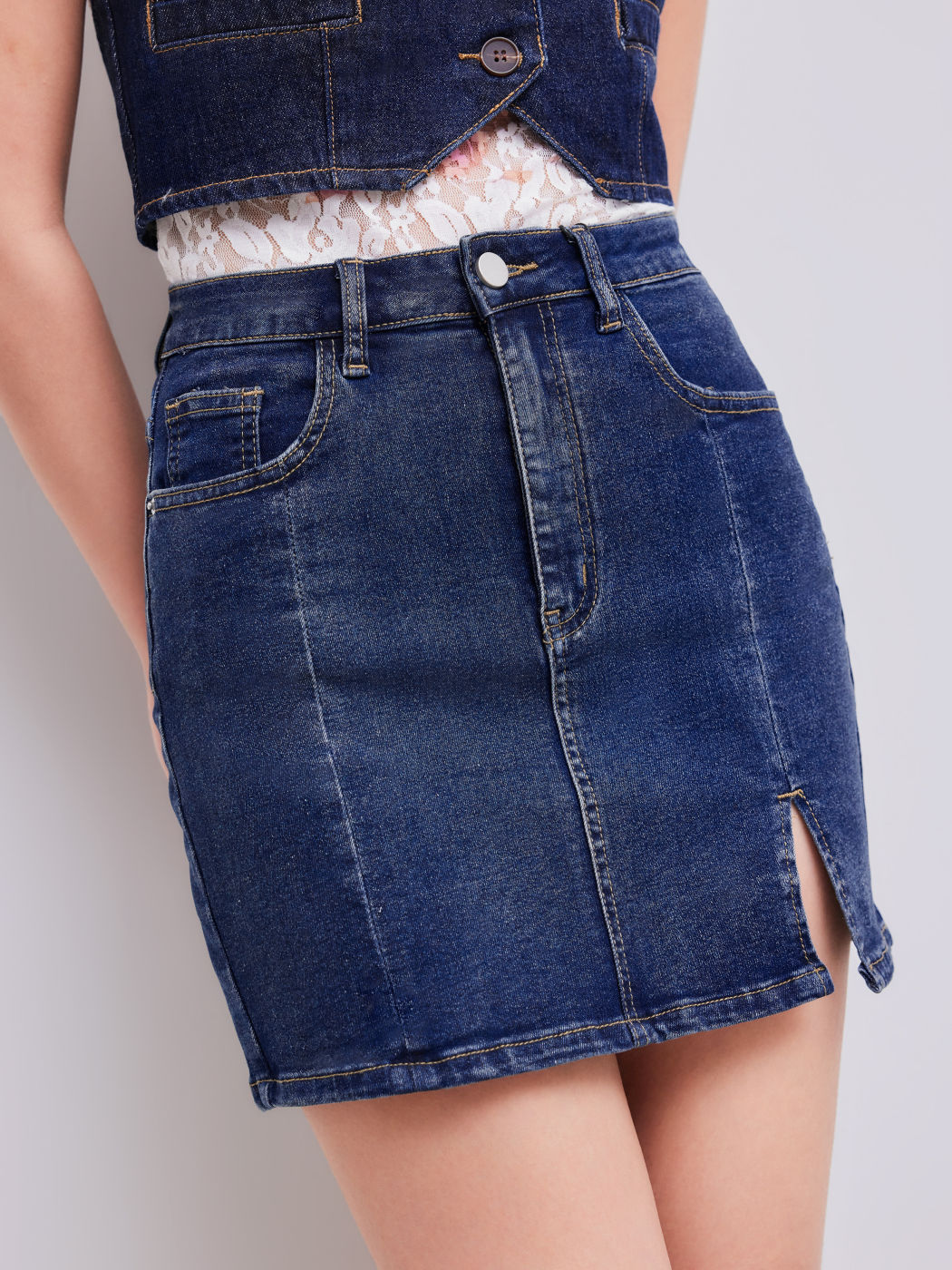 Denim Solid High Waist Split Mini Skirt