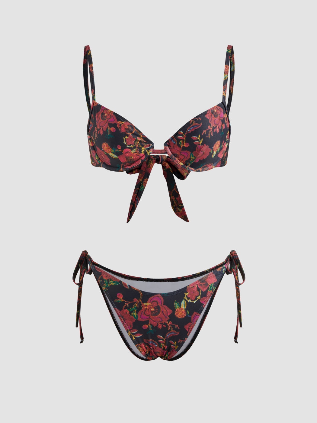 V-neck Floral Underwire Tie Side Bikini Set With Floral Sarong 