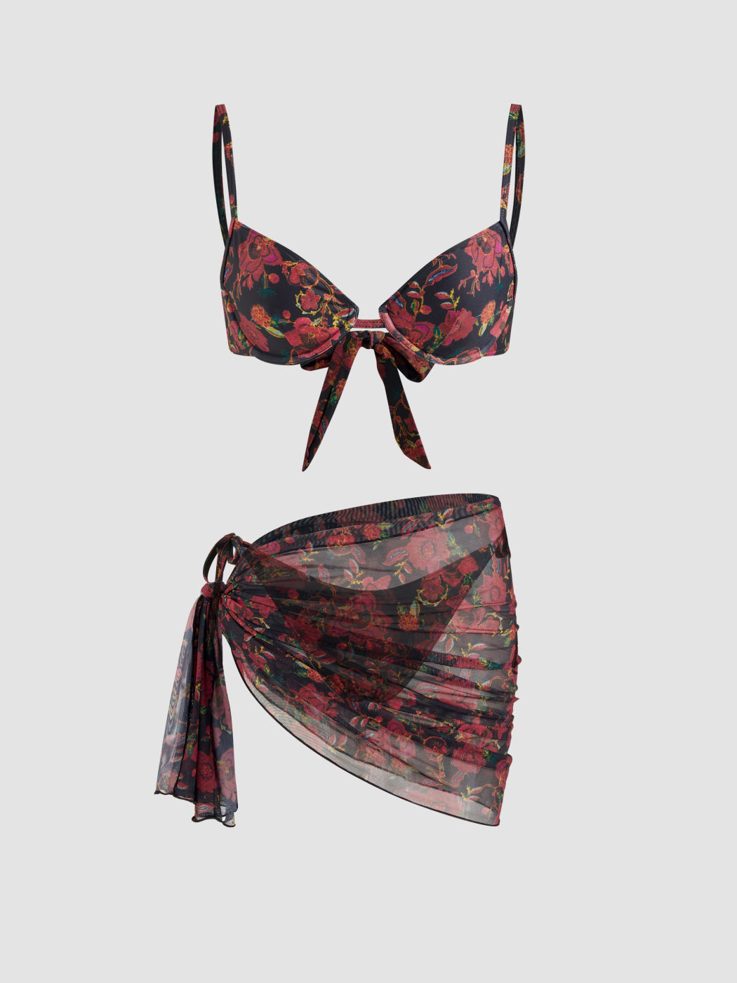V-neck Floral Underwire Tie Side Bikini Set With Floral Sarong 