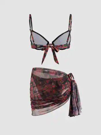 V-Ausschnitt Blumen Bügel Bikini-Set mit Sarong
