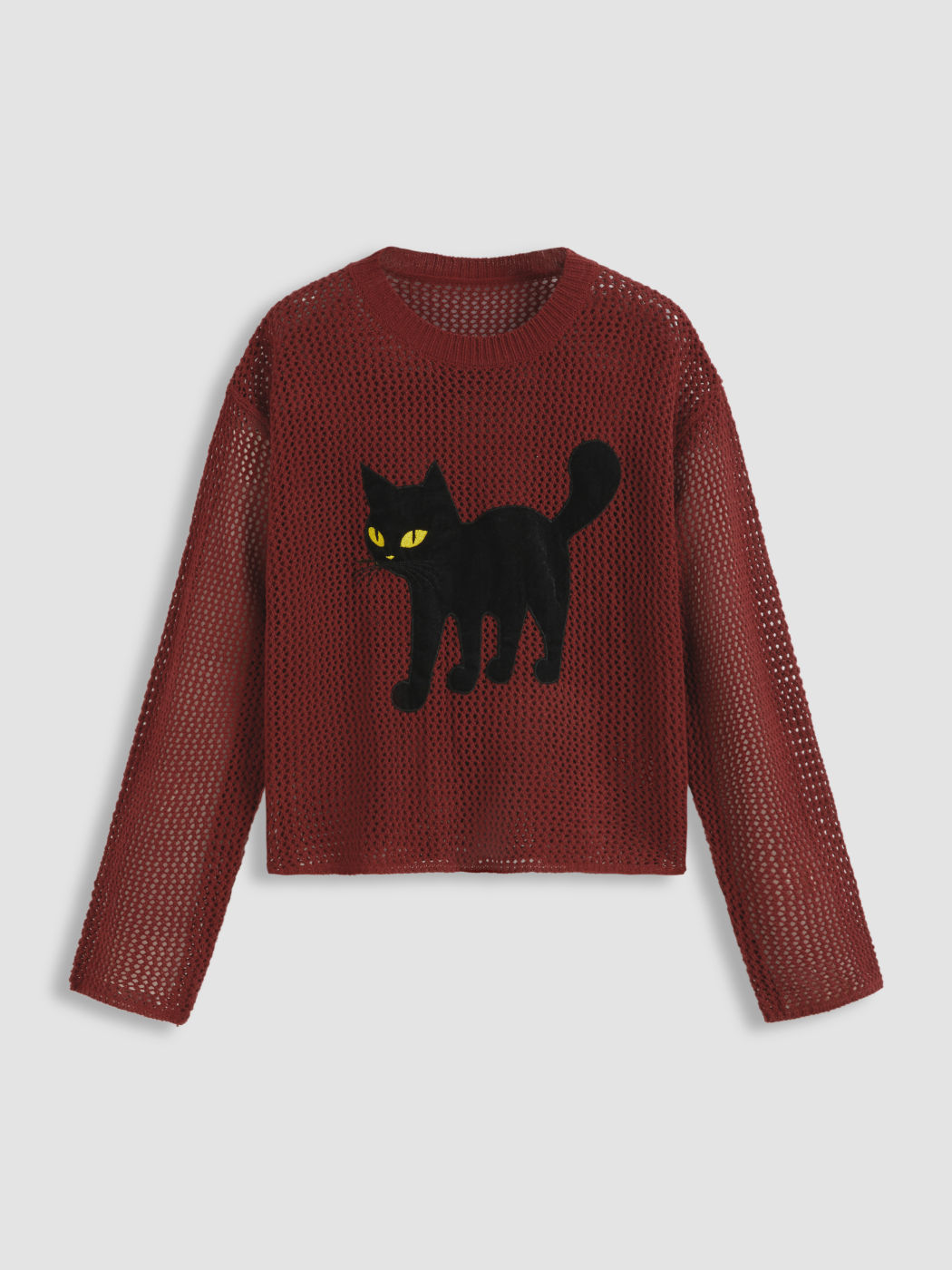 Knit Round Neckline Cat Graphic Hollow Out See-through Oversized Top