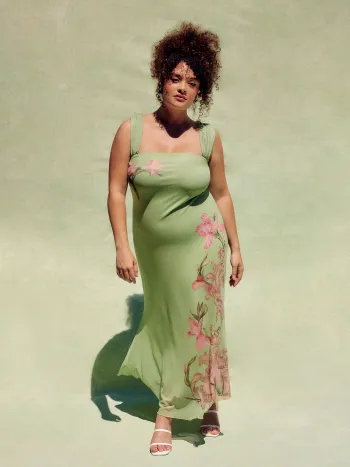  Mesh-Kleid mit quadratischem Ausschnitt und Blumenmuster Midi Curve & Plus