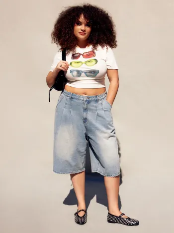 Cider Denim Mid Rise Solid Bermuda Shorts Curve & Plus