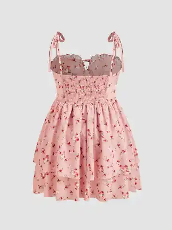 Woven Floral Ruffle Hem Knotted Layered Mini Dress Curve & Plus