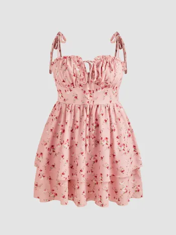 Woven Floral Ruffle Hem Knotted Layered Mini Dress Curve & Plus