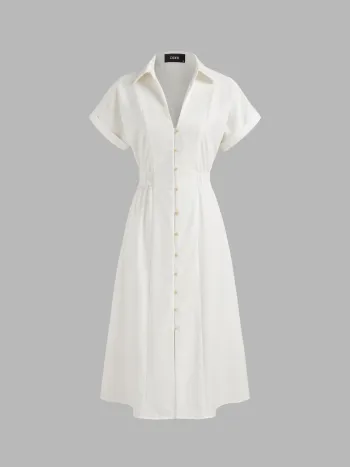 Linen-blend Collar Solid Shirred Button Midi Shirt Dress