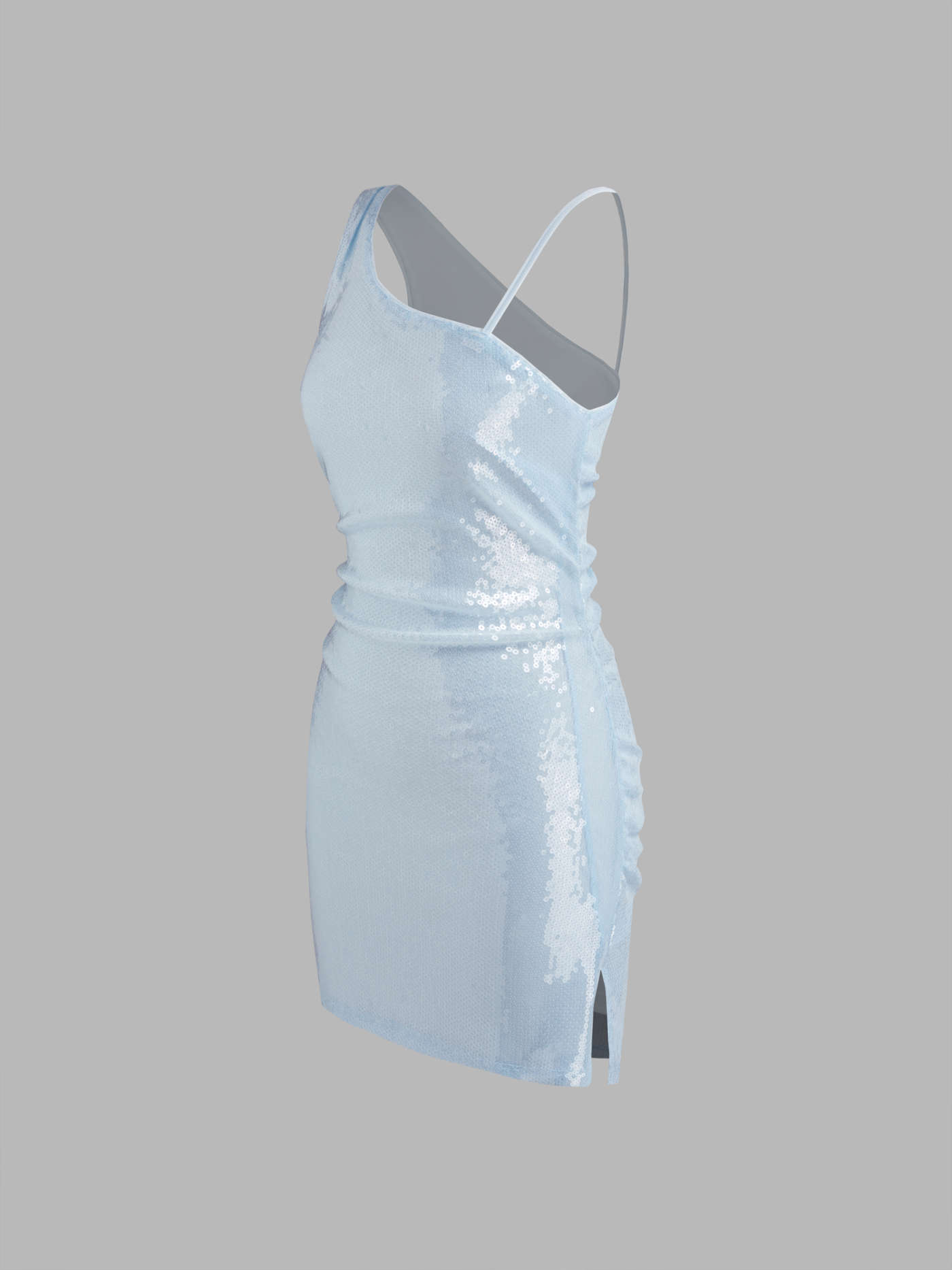 Sequin Asymmetrical Neck Solid Ruched Split Fitted Mini Dress