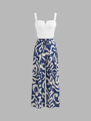 Square Neck Solid Crop Tank Top With High Rise Abstract Knotted Wide Leg Trousers