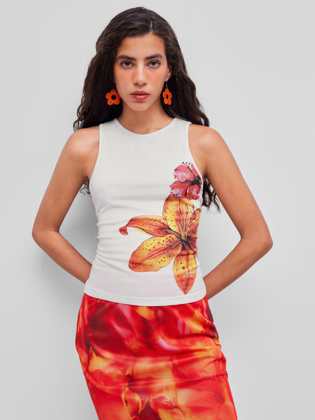 Cotton-blend Round Neckline Floral Tank Top