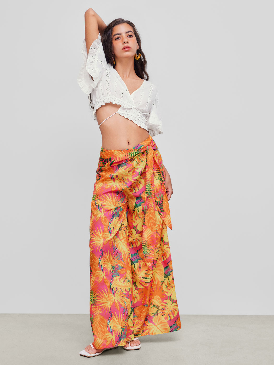 Chiffon Mid Rise Floral Bowknot Wide Leg Trousers