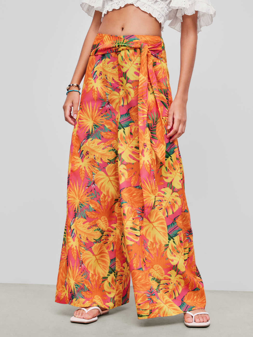 Chiffon Mid Rise Floral Bowknot Wide Leg Trousers