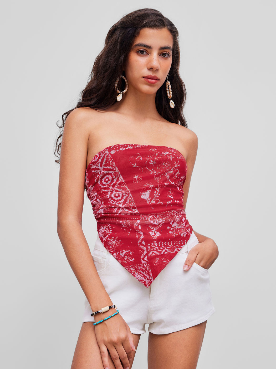 Mesh Floral Asymmetrischer Saum Tube Top